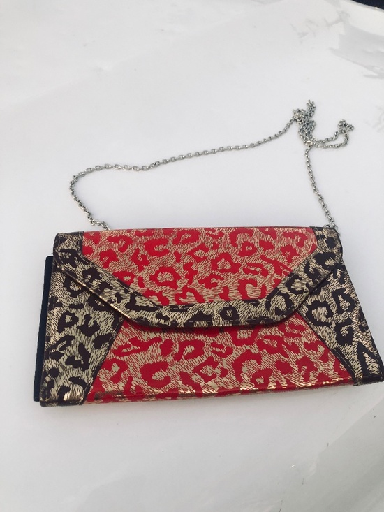 Handbags - Red with Animal Print Shoulder Bag with Silver Hardware Removable Strap Snap C